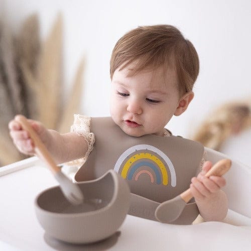 Bavaglino in silicone impermeabile neonato e bambini Beige Arcobaleno. - Loo.Up
